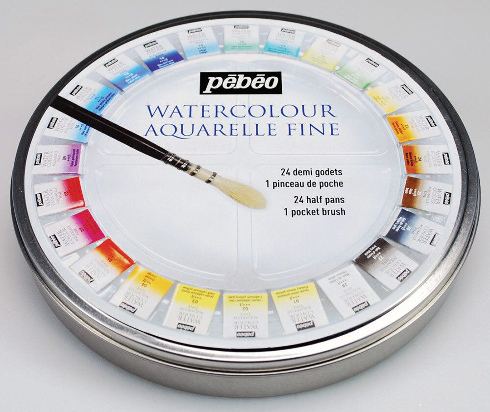 Краска акварель набор Aquarelle Fine в металлической коробке с кистью 24 цв, Pebeo