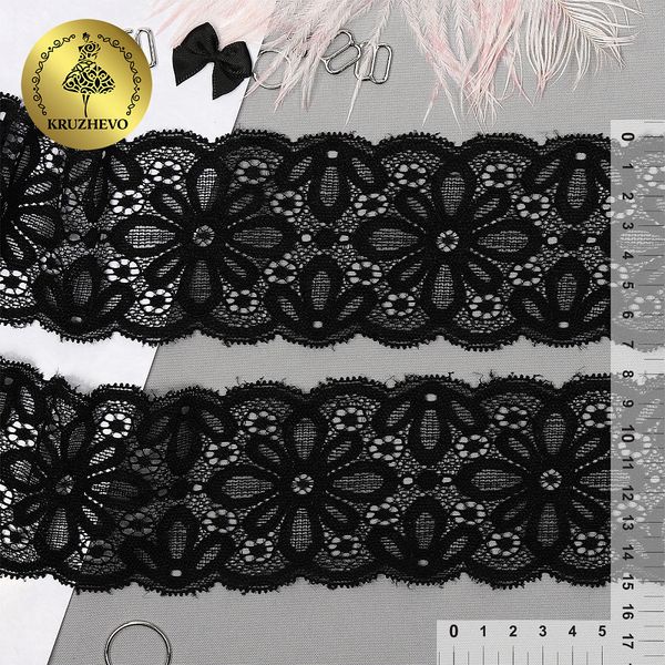 Кружево эластичное (стрейч) 70 мм, 257, цв.02 черный уп. 25 м, Kruzhevo