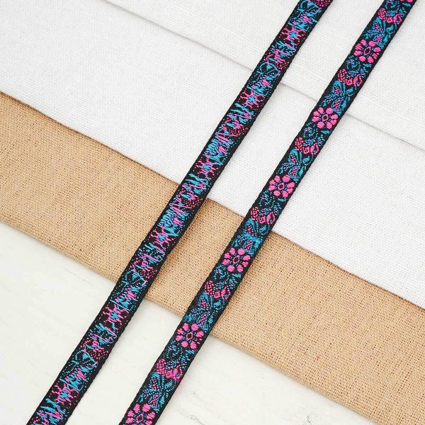 Лента (тесьма) жаккардовая 10.0 мм / 20.12 метра, черный/розовый, 1172