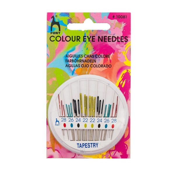 Иглы ручные для гобеленовых и трикотажных тканей с цветным ушком, №22-28,24 шт, в розетке, Pony