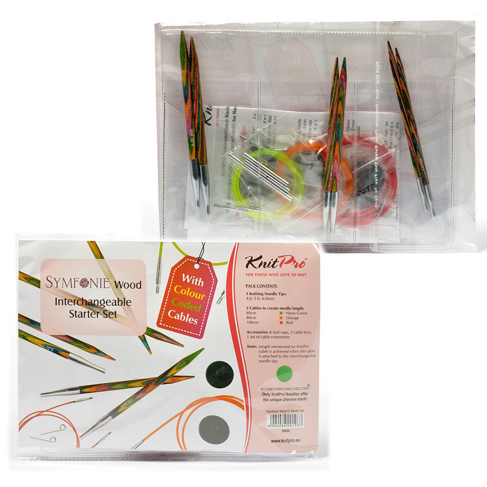 Набор съемных спиц Knit Pro Symfonie Starter Set 4 мм / 5 мм / 6 мм / тросик 60 см, 80 см, 100 см, заглушка с ключиком - 4пары, дерево,3 вида, 20604