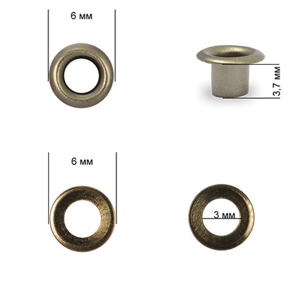 Люверсы металл ⌀_3.0 мм (внутр.), внешн. ⌀6.0 мм (внутр.), h3.7 мм (внутр.), №1.7, сталь, цв. никель черный, 1000 шт, TBY
