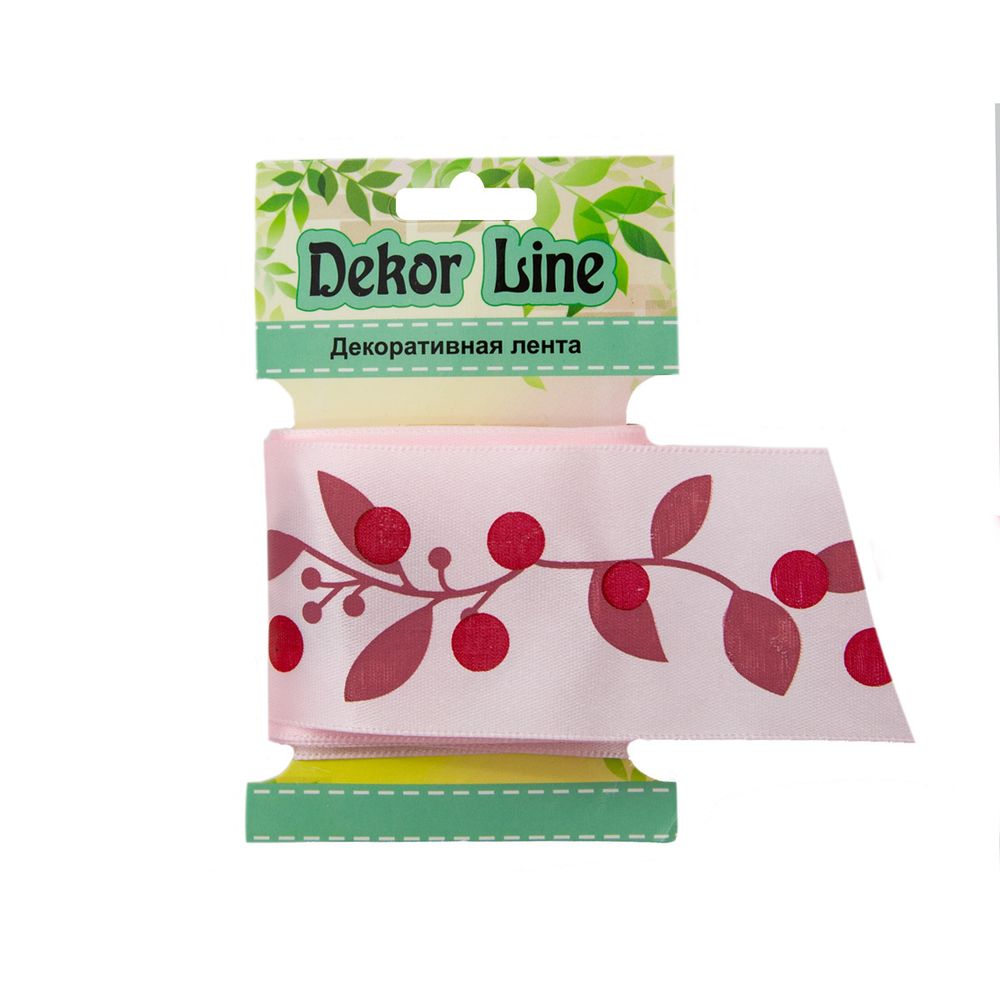 Лента атласная с рисунком 45.0 мм / 3 метра, Ягодная ветвь (розовый), Globus