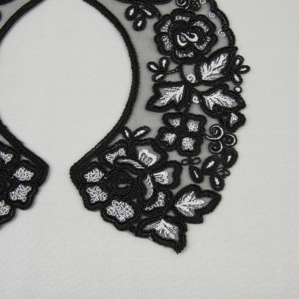 Пришивной кружевной воротник 100 мм, на сетке, 5 пар, Турция, черный/под серебро, Gamma VKRM-27-02