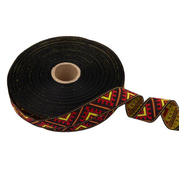 Лента (тесьма) жаккардовая 23.0-25.0 мм / 25 метров, черный/желтый/красный, Blitz