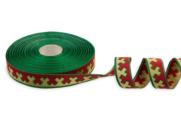 Лента (тесьма) жаккардовая 24.0 мм / 25±1 метров, рис.9591, Орнаменты и узоры народов севера, зеленый-красный-желтый, Gamma С3772Г17 рис.9591