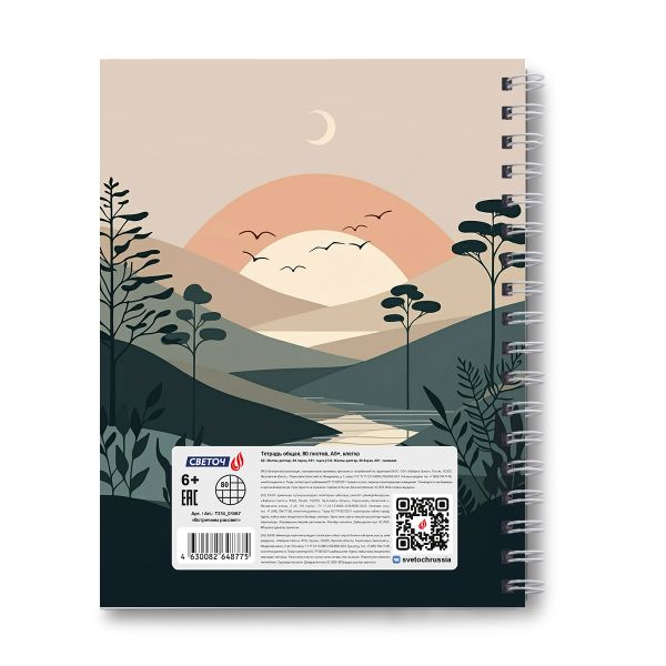 Тетрадь общая с твердой обложкой, матовая ламинация A5 80 л. на гребне 65 г/м², белизна 100% 4 шт клетка, 01567 Встречаем рассвет, Светоч Т214
