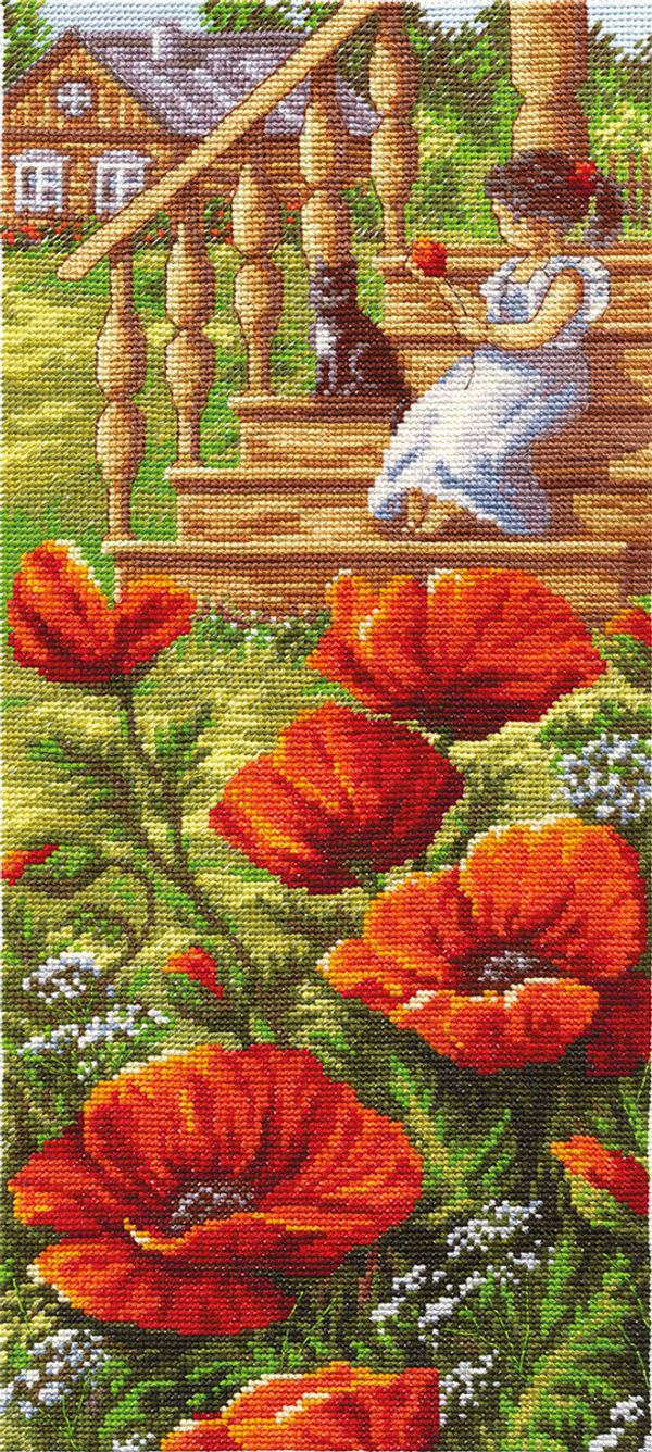 Набор для вышивания нитками Panna, Маки у крыльца, 15,5х35 см