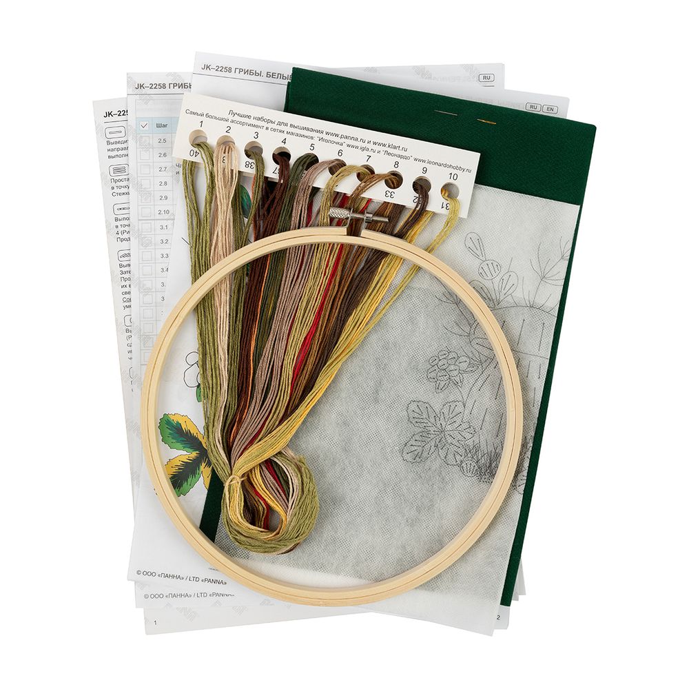 Набор для вышивания нитками Panna, Живая картина Грибы. Белые, 20.5х20.5 см