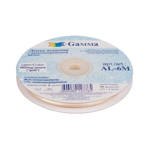 Лента атласная 2-сторонняя с метанитью 6.0 мм / 33±2 метра, №002/бл.розовый/золото, Gamma AL-6M