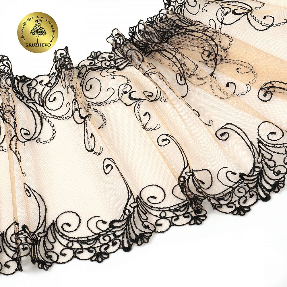 Кружево на сетке (вышитое) арт.T104 220мм цв.черный+телесный, правая уп.6,5м, Kruzhevo