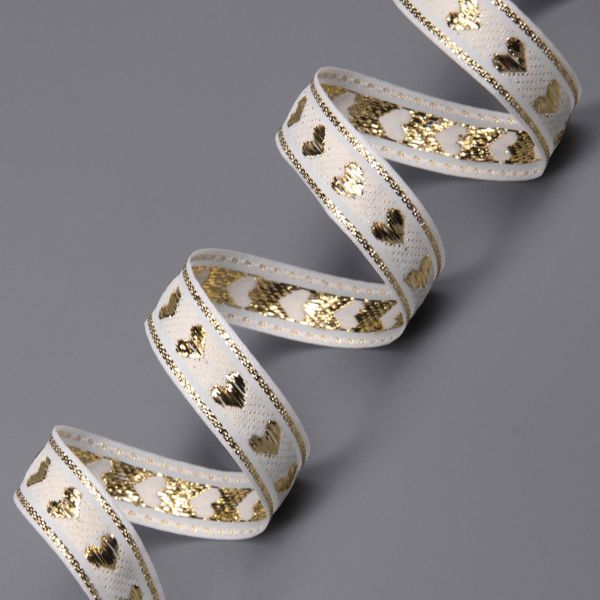Тесьма декоративная металлизированная Сердечки 15 мм / 25 метров, 15005 белый/золото