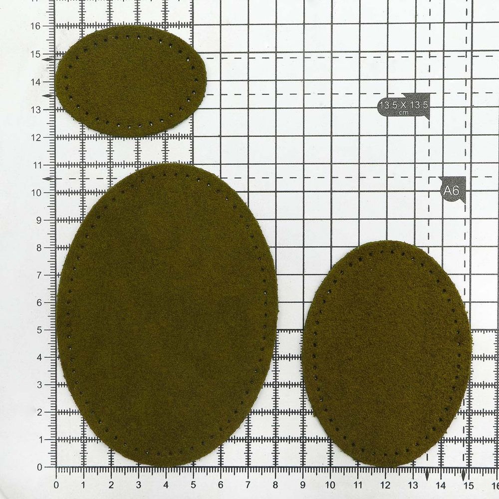 Набор заплаток пришивных из замши, овал 4х5,5см, 6х8,2см, 8х10,9см, с перфорацией, 3 шт (33 хаки), 59404