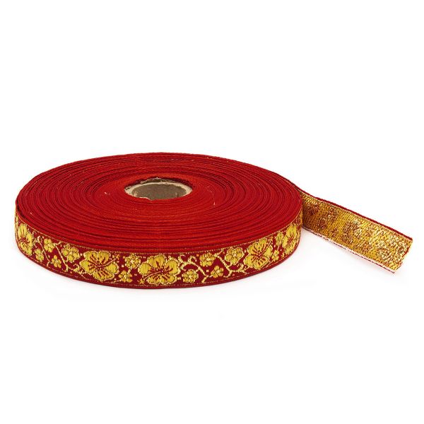Лента (тесьма) жаккардовая 18.0 мм / 25±1 метров, с метанитом рис. 9579 Яблоневый цвет (1 красный/желтый/золото) С1856Г17