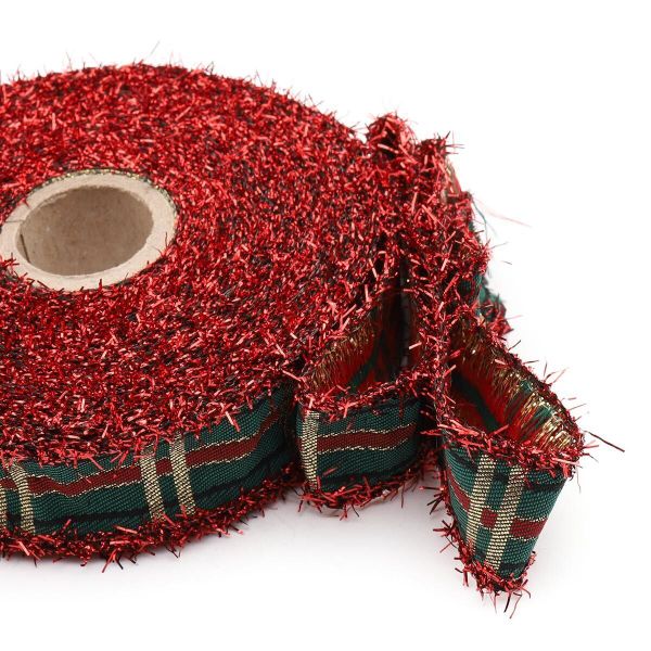 Лента (тесьма) жаккардовая 25.0 мм / 10±0.5 метров, Тартан с люрексом, 25136 SKL красный