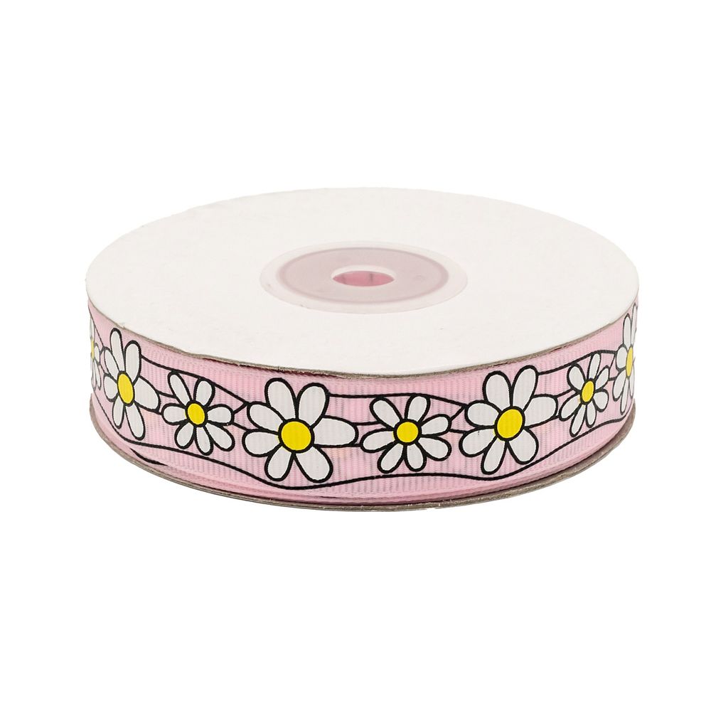 Лента репсовая (в рубчик) Ромашки 1,5см*22.86 м (св.розовый)