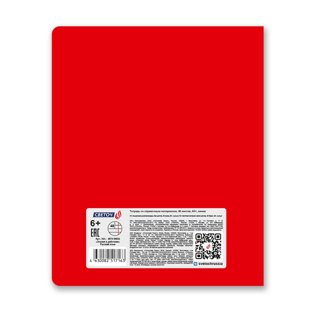 Тетрадь со справочным материалом Знания в действии, A5+ 48 л. на скобе 60 г/м², белизна 90%, 10 шт, линия, 00834 Русский язык, Светоч 48Т3