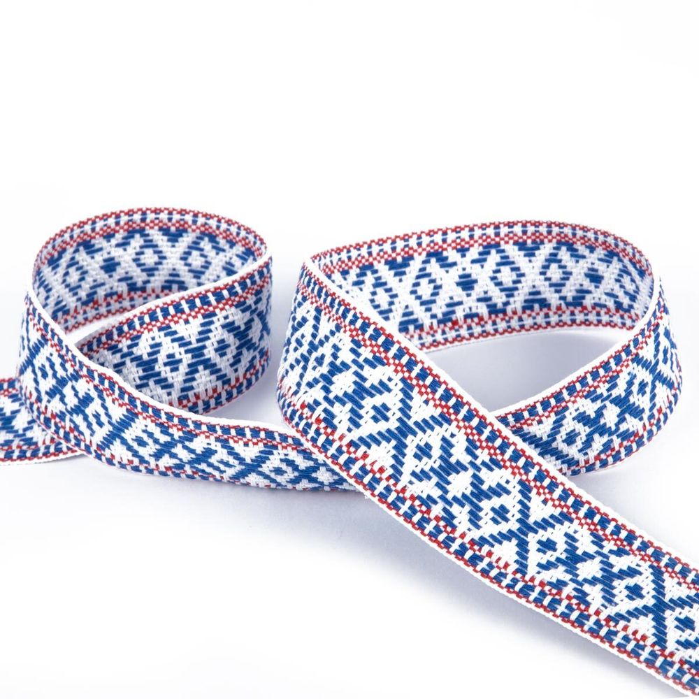 Лента (тесьма) жаккардовая 38.0 мм / 25±1 метров, для пояса, рис 9860 бело/синий №1, Gamma С3822