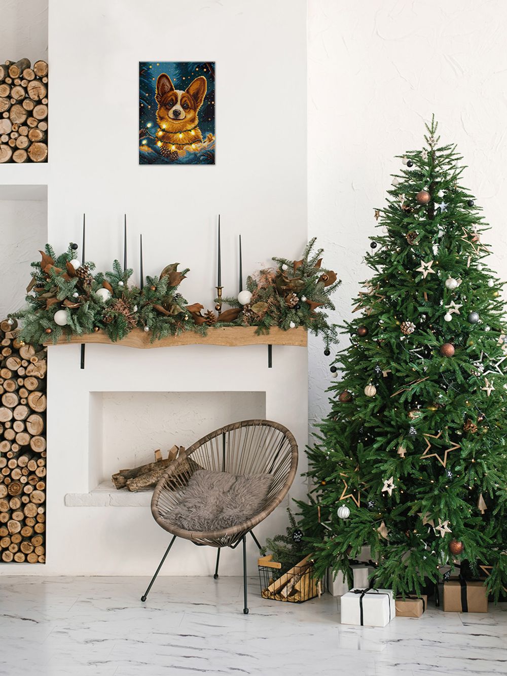 Кристальная (алмазная) мозаика Фрея ALDD-314, на подрамнике, Корги с гирляндой (со светодиодами), 30х40 см