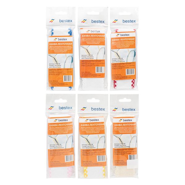 Канва-лента c обработанным цветным краем, набор 14ct, 1,5мх3,5см, 6 шт, натуральный и белый цвета, Bestex