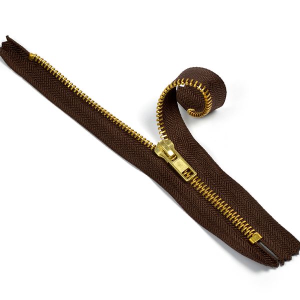 Молния металл джинсовая Т5 (5 мм) 1 зам., н/раз., золото, 18 см, цв.F304 т.коричневый уп.10 шт