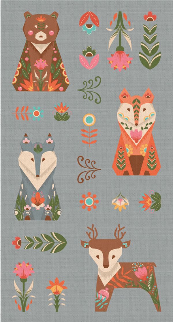 Ткань для пэчворка Peppy Лесные жители, рулон 112 см / 5 метров, ЛЖ-03 Панель серый, Peppy