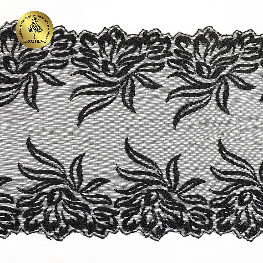Кружево на сетке (вышитое) арт.T98 245мм цв.черный уп.7м, Kruzhevo