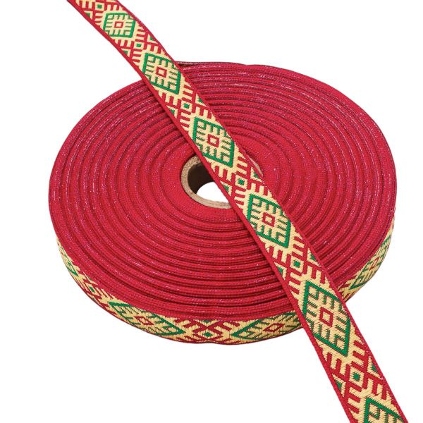 Лента (тесьма) жаккардовая 18.0 мм / 25±1 метров, Славянский орнамент Оберег, рис.9227 (1 красный/желтый/зеленый) С3771Г17