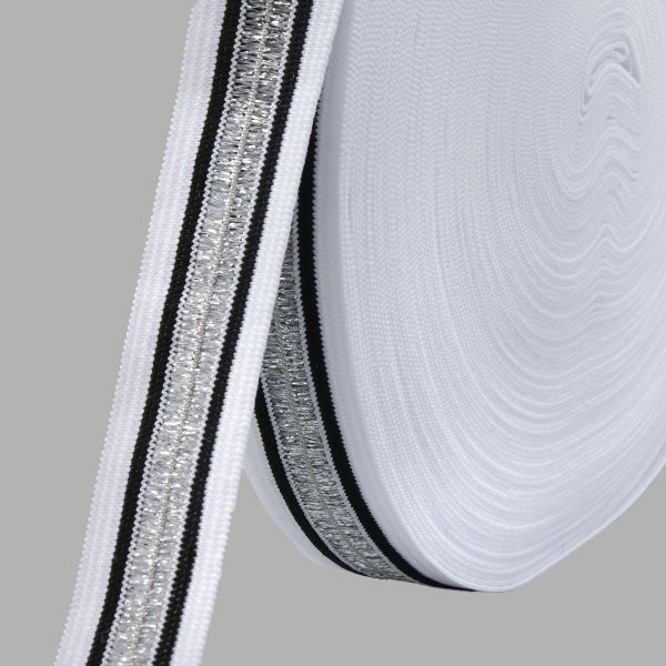 Тесьма лампасная эластичная 20.0 мм / 25 метров, белый/серебро