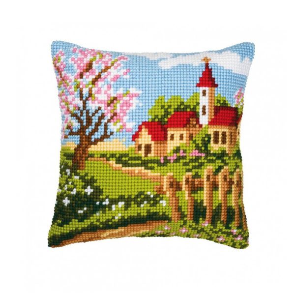 Набор для вышивания нитками Vervaco, подушка Весна в деревне 40х40см
