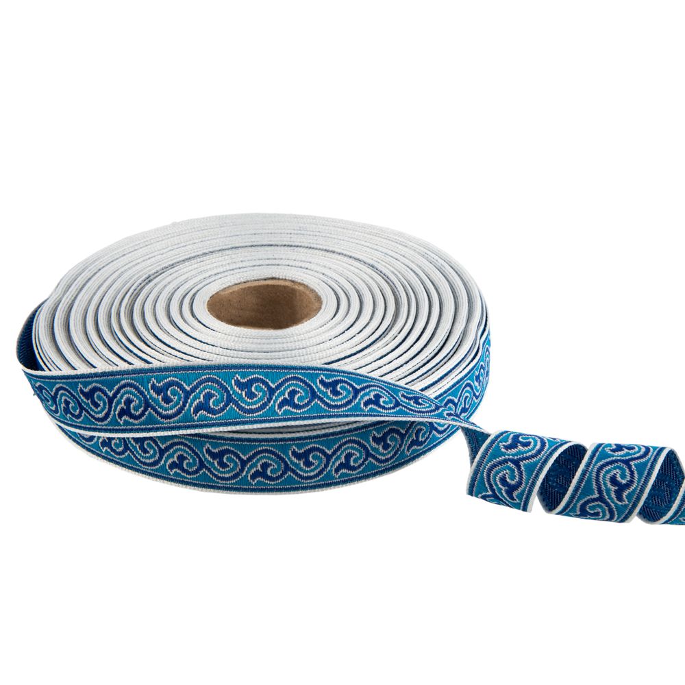 Лента (тесьма) жаккардовая 18.0 мм / 25 метров, Орнамент для северных народов, рис 9594 белый/голубой/синий (№5), Gamma С3771