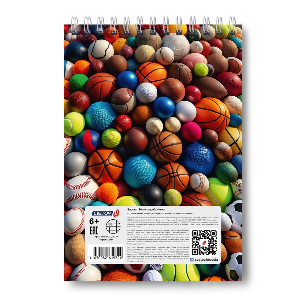 Блокнот на гребне, выборочный лак, A5 80 л., 4 шт, клетка, Яркий мяч 01239, Светоч Б127