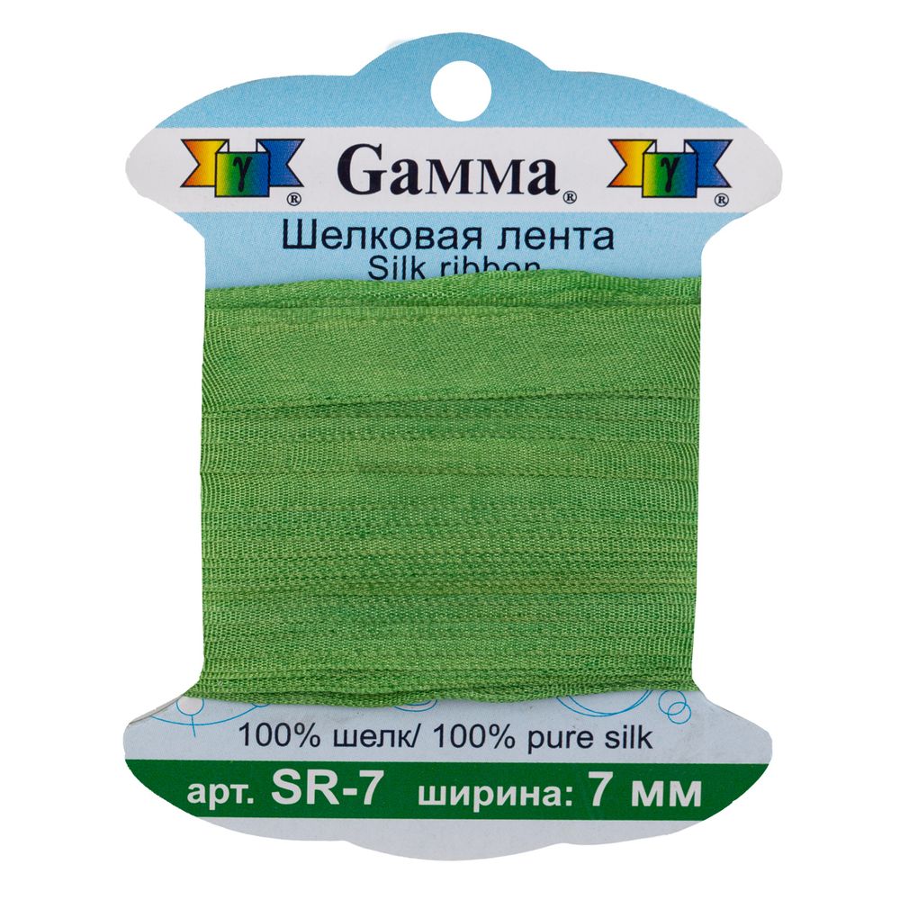 Лента (тесьма) шелковая 7.0 мм / 9.1±0.5 метров, 195/1 яр. зеленый, Gamma SR-7