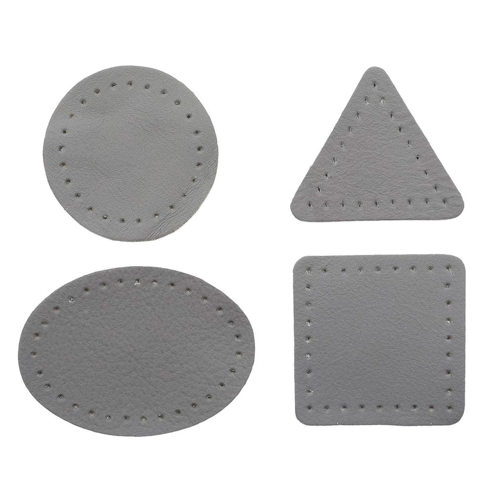 Набор заплаток пришивных из кожи, круг, квадрат, треугольник, овал 4см, с перфорацией, 4 шт (07 серый), 9703