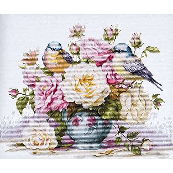 Набор для вышивания нитками, Luca-S, B7038 Ваза с розами и птицами 34х27см