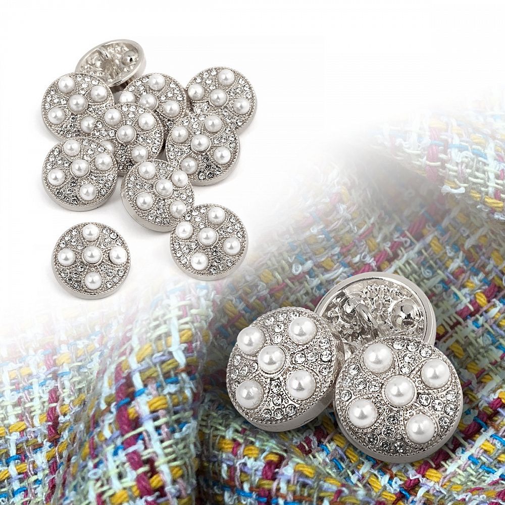 Пуговицы на ножке металлические 24L=15мм, С-MP17 цв.серебро/перламутр, 10 шт