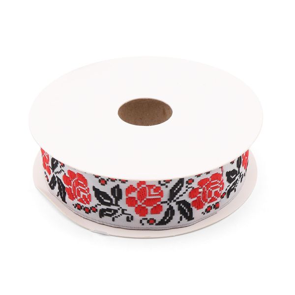 Лента (тесьма) жаккардовая 25.0 мм / 10±0.5 метров, Розы, 25987 красный