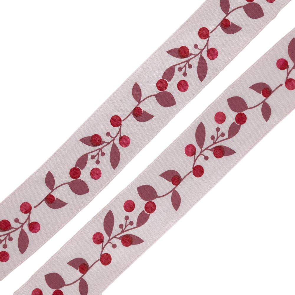 Лента атласная с рисунком 25.0 мм / 3 метра, Ягодная ветвь (розовый), Globus
