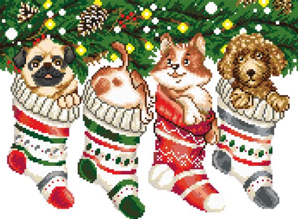 Алмазная (кристальная) мозаика Фрея, на подрамнике Щенки в носках, 40х30 см
