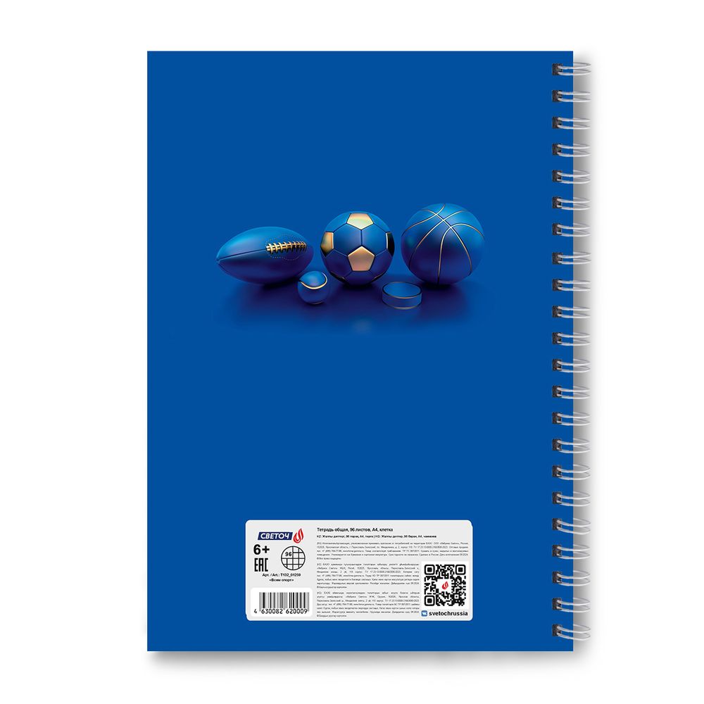 Тетрадь ученическая общая, выборочный УФ лак, A4 96 л. на гребне 65 г/м², белизна 100 %, 4 шт, клетка, 01259 Всем спорт, Светоч Т132