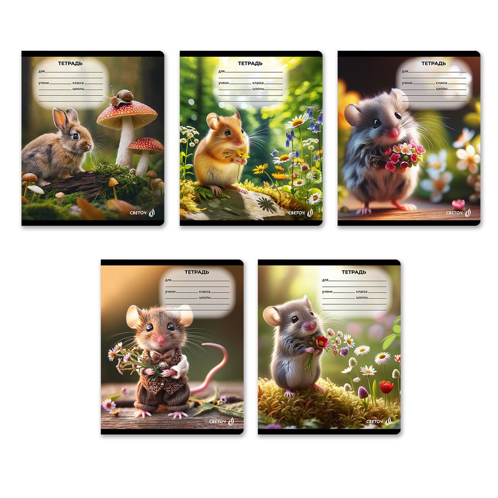 Тетрадь ученическая школьная, A5 18 л. на скобе 65 г/м², белизна 100% 20 шт клетка, 01414 Любопытные мордочки, Светоч Т75