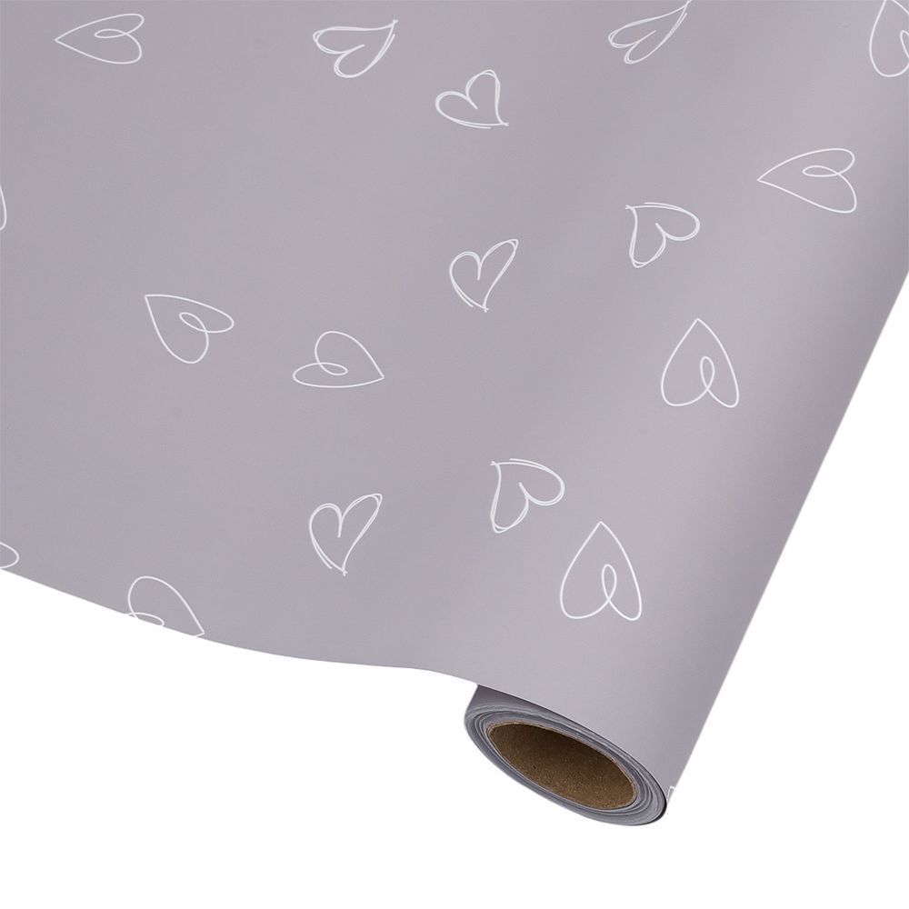 Пленка упаковочная для цветов и подарков Большие сердечки, 65 мкр, 58см / 10м ± 5% (VH2556 пурпурно-серый с сердечками)