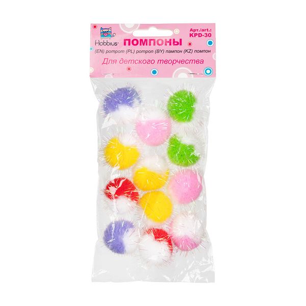 Помпоны декоративные 30 мм, 15 шт, ассорти, Hobbius KPD-30
