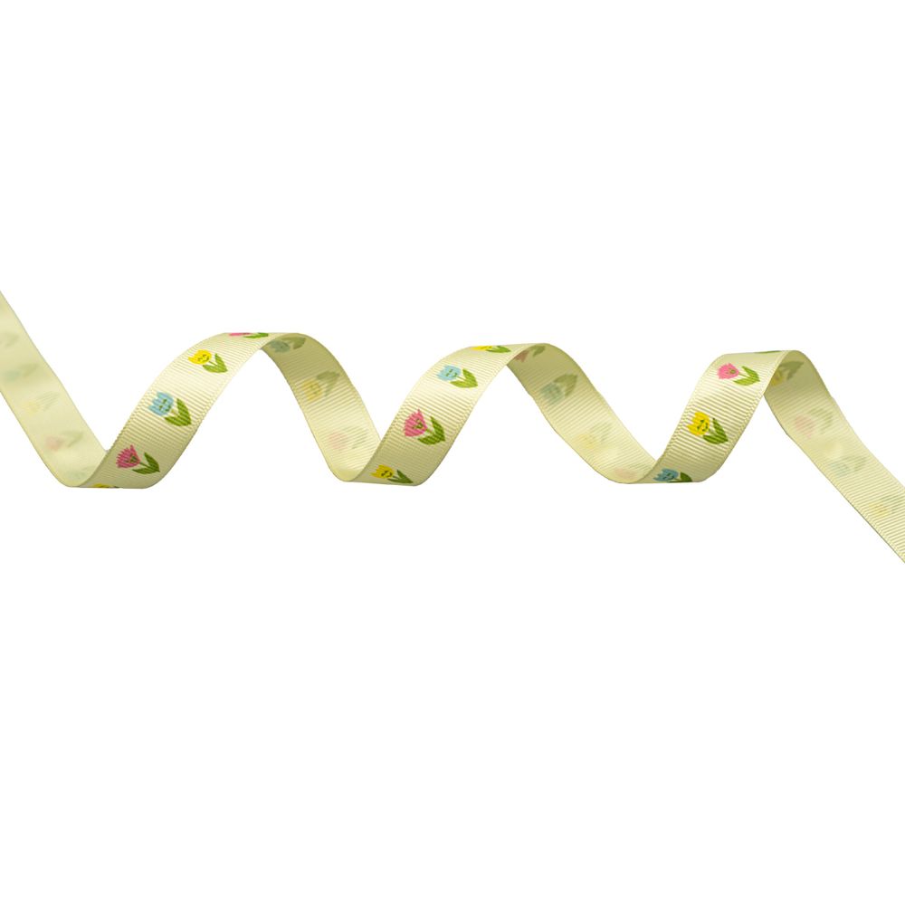 Лента репсовая (в рубчик) Тюльпаны, 15 мм, 22,5м (зеленый)