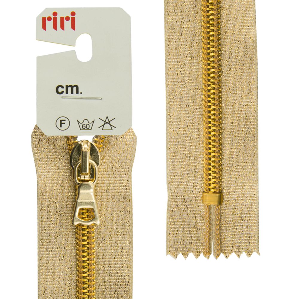 Молния спиральная (витая) RIRI Т6 (6 мм), н/раз., на люрексной ленте, 18 см, цв. тесьмы золотистый, упак. 5 шт