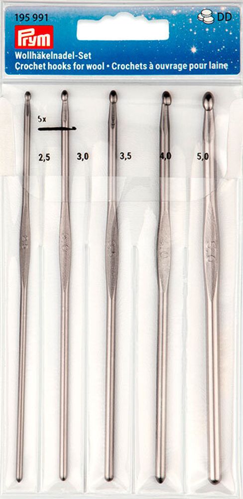 Набор крючков для вязания (в наборе: крючки-2,5мм, 3мм, 3,5мм, 4мм, 5мм), алюминий, Prym, 195991