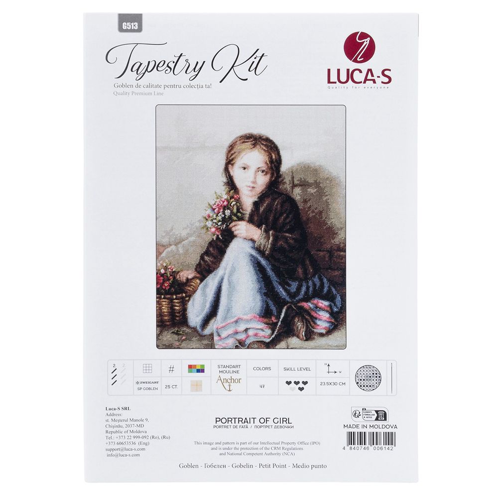 Набор для вышивания нитками Luca-S G513, гобелен Девочка, 20,5х30см