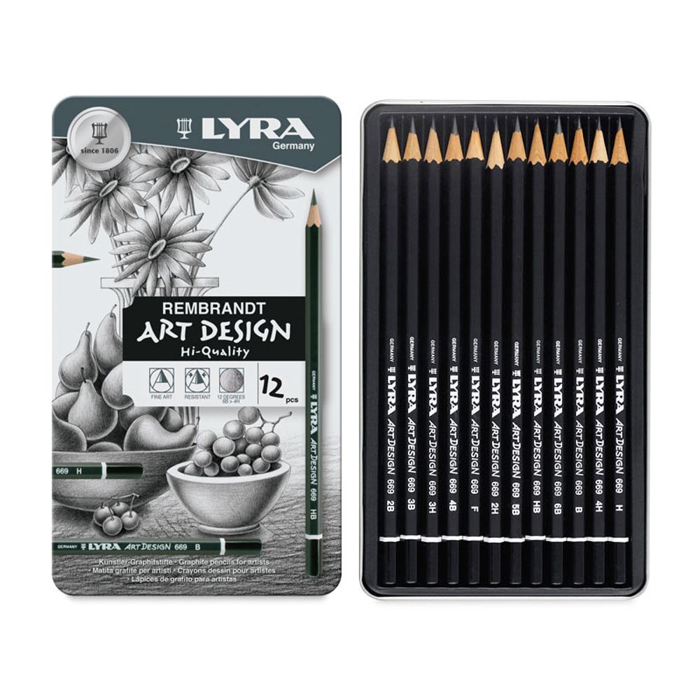 Набор карандашей Art Design заточенные ассорти 12 шт, ассорти 6B-4H в металлической коробке, Lyra L1111120