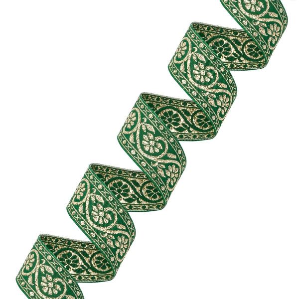 Лента (тесьма) жаккардовая 32.0 мм / 25±1 метров, с метанитом рис. 9819, зеленый/золото, С3104Г17