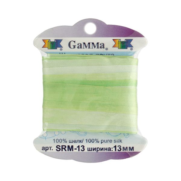 Лента (тесьма) шелковая 13.0 мм / 9.1±0.5 метров, M032 бл.салатовый/салатовый, Gamma SRM-13